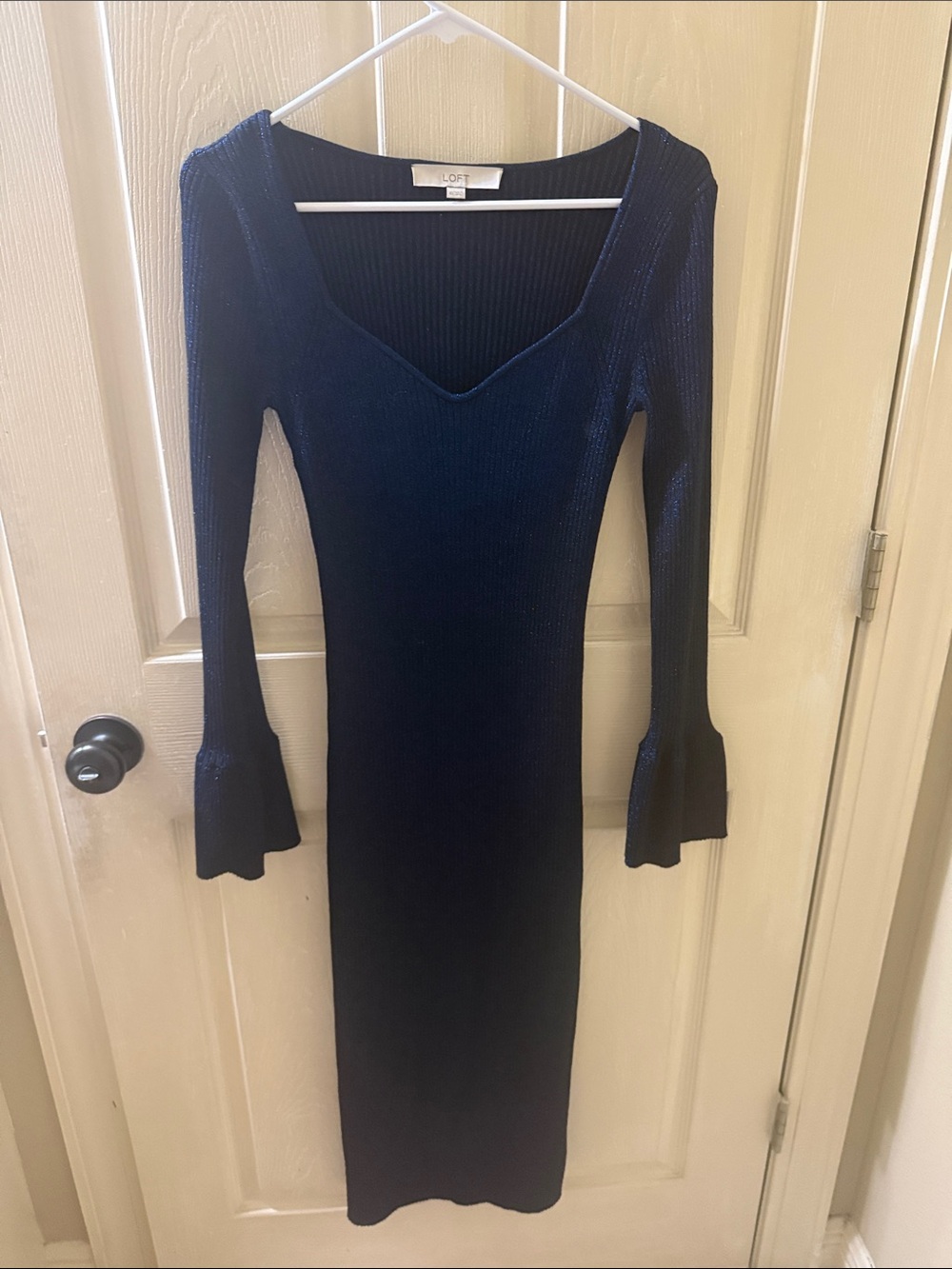 LOFT Navy Ribbed V-Neck Maxi Dress with Flared Cuffs